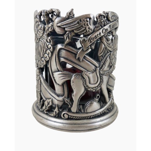 Vintage Peace On Earth Candle Votive Holder Pewter Christmas Holiday Santa - Picture 8 of 10